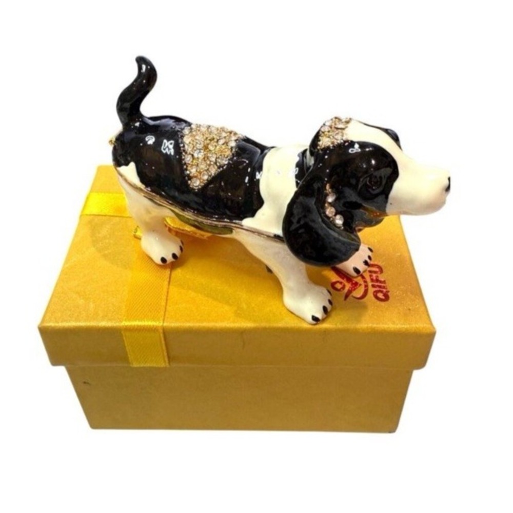 Jeweled Hinged Secret Trinket Box Enameled Beagle Bassett Hound Dog Hand Painted